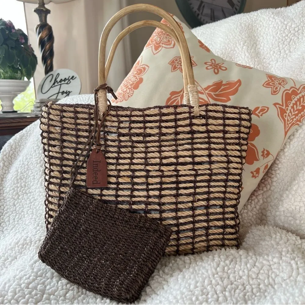 Indeed Straw Rope Bamboo Brown Mushroom Tan Beach Bag Purse Extra Mini Bag